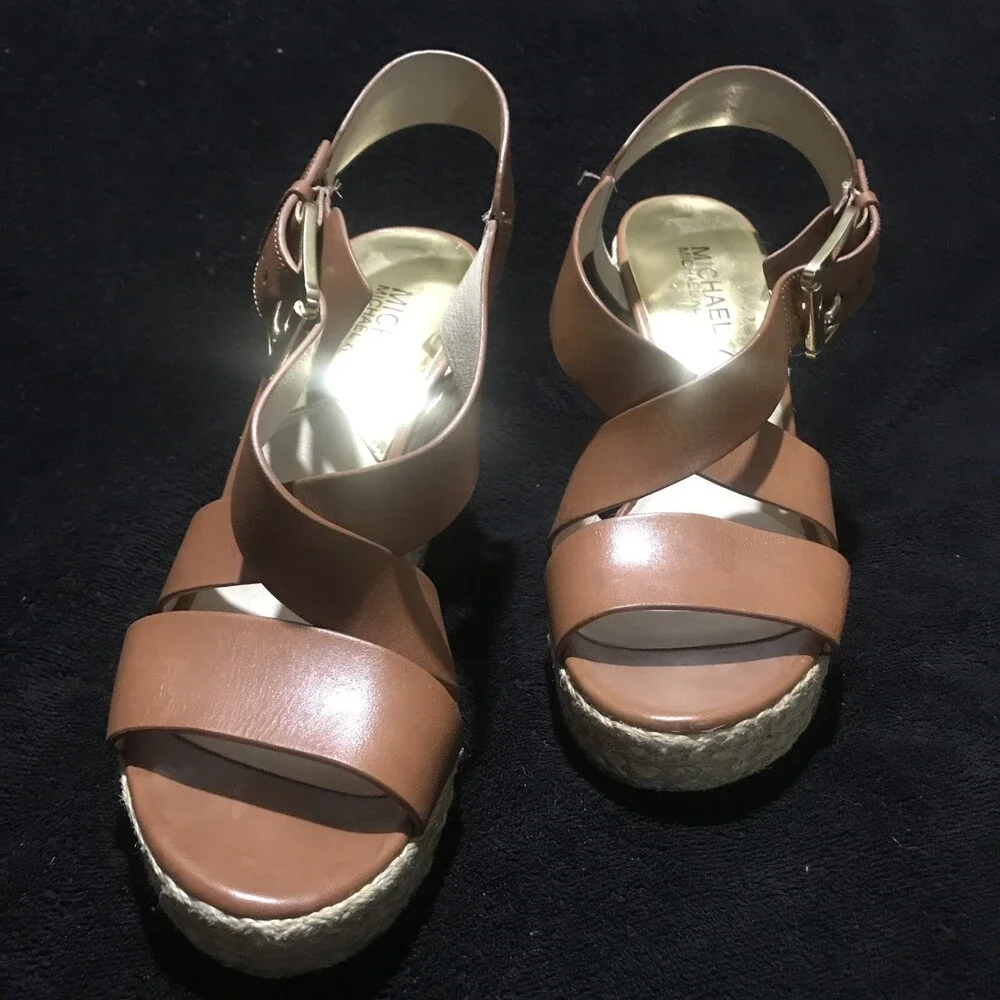 Michael Kors sz 61/2 Women’s Giovanna Brown Leather Wedge Espadrille Sandals